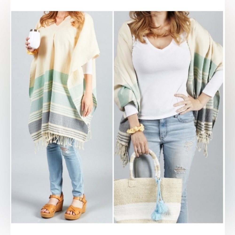 Tribe Alive Caftan CoverUp Nautical Blue & Ivory Poncho w/ Tassels One Size